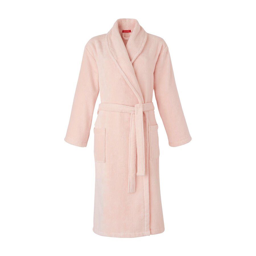 Une robe rose avec un col châle et des poches