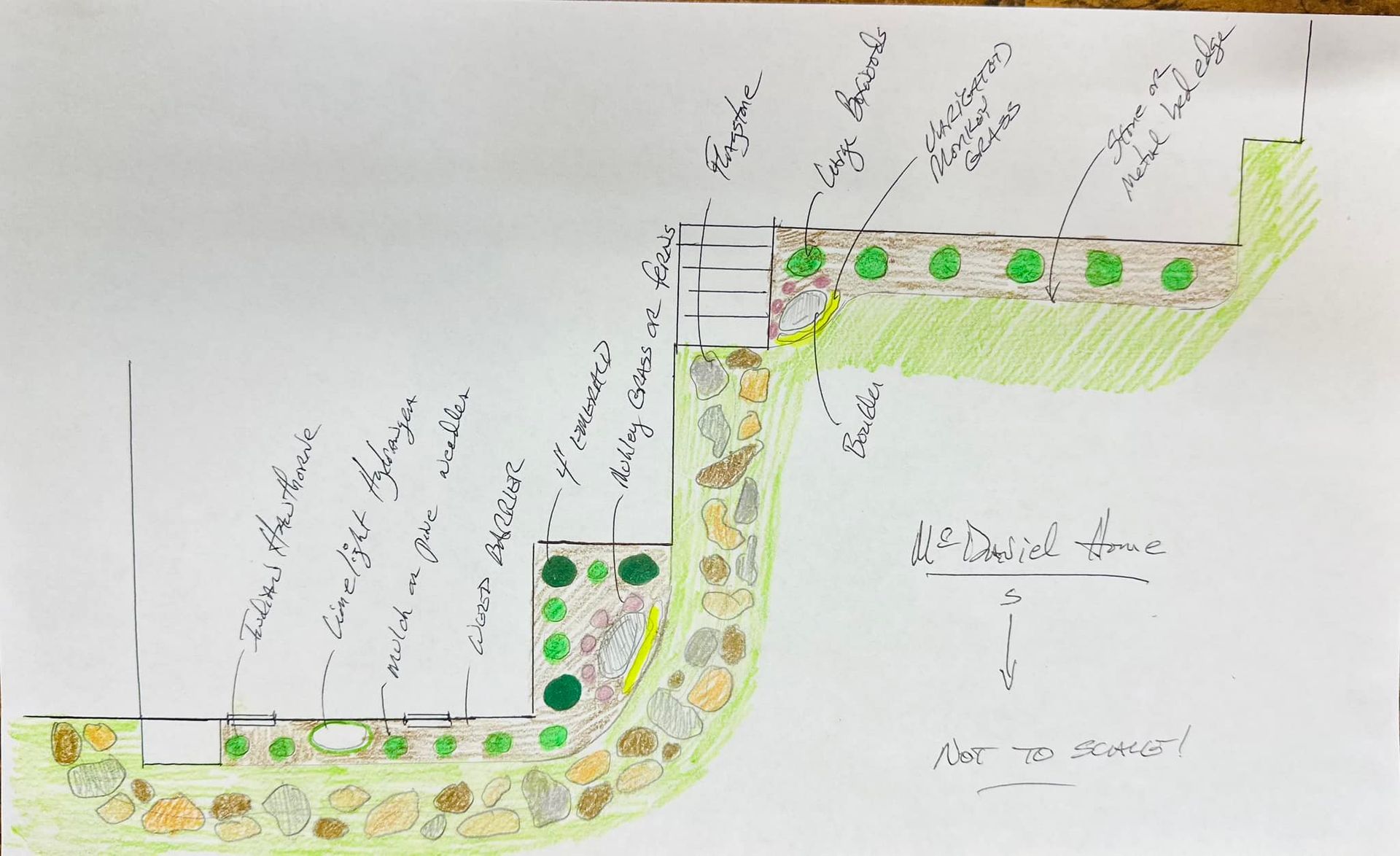 A drawing of a garden with a fence and trees