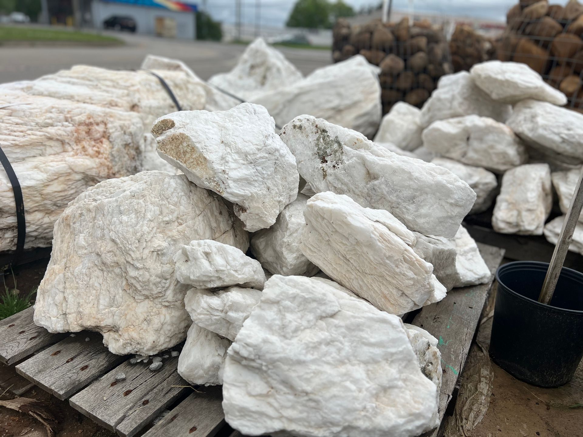 A pile of white rocks sitting on top of a wooden table.