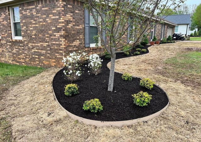 A tree in a garden in front of a brick house.