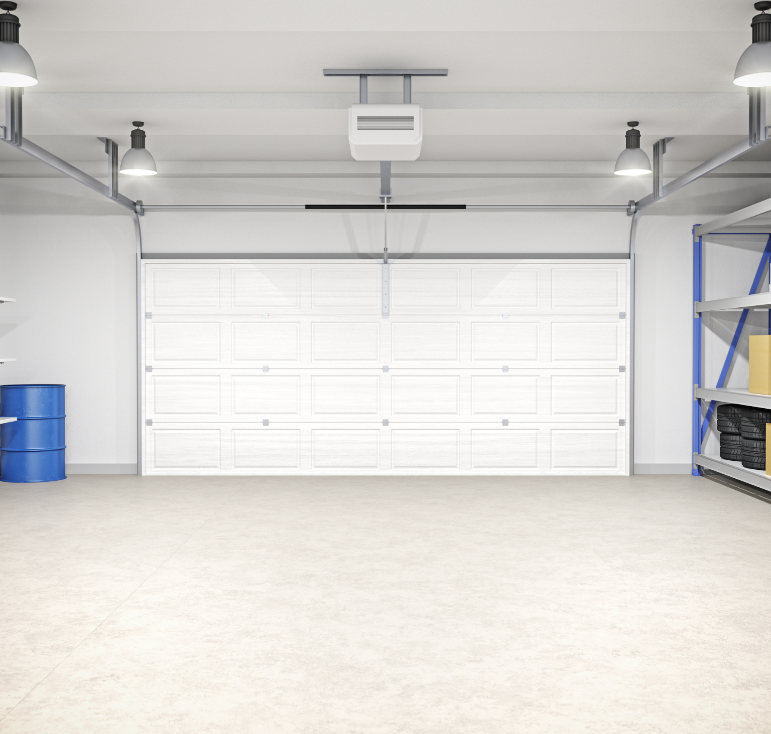 An empty garage with a white garage door and shelves.