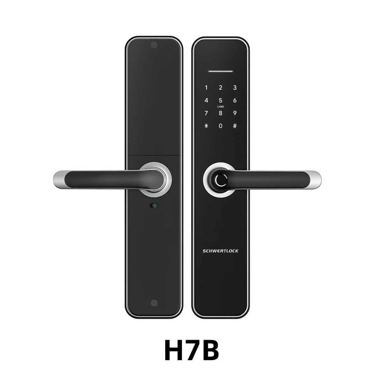 Cerradura de puerta digital negra con teclado y manija.