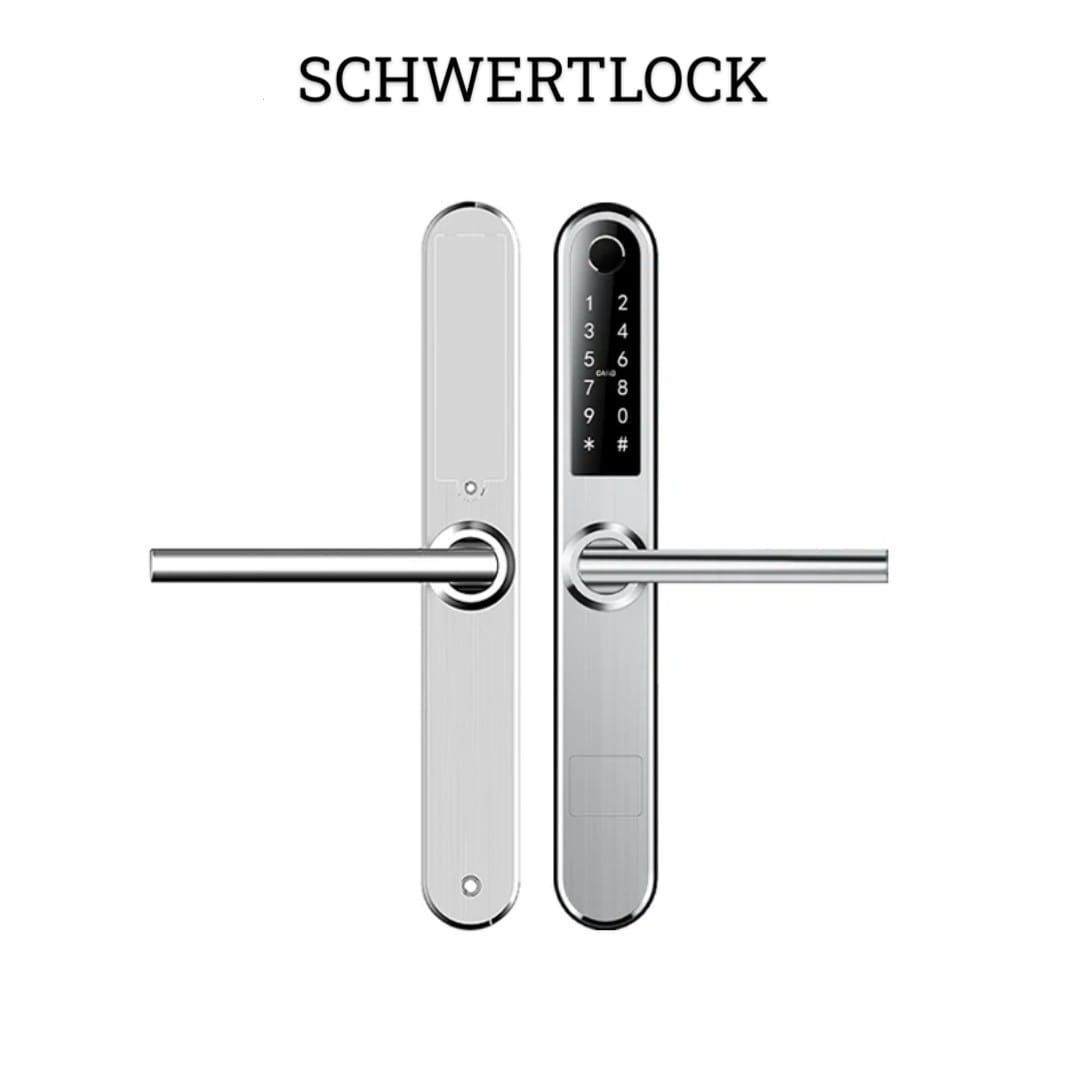 Cerradura de puerta inteligente Schwertlock plateada con teclado y manija.