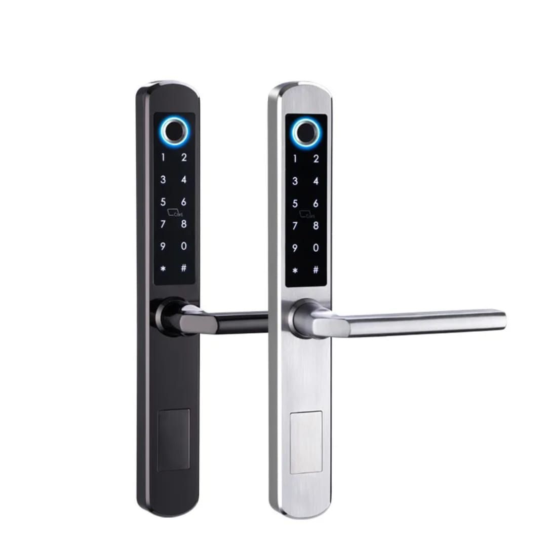 Cerradura de puerta inteligente Schwertlock plateada con teclado y manija.