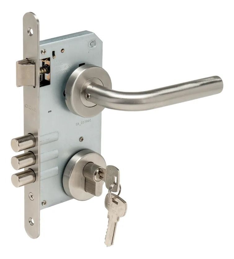 Cerradura de puerta de acero inoxidable con manija, llave en la cerradura, tres pernos extendidos.