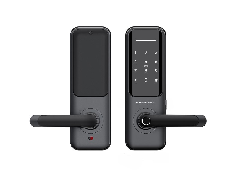 Dos cerraduras inteligentes para puerta, color gris con manijas negras