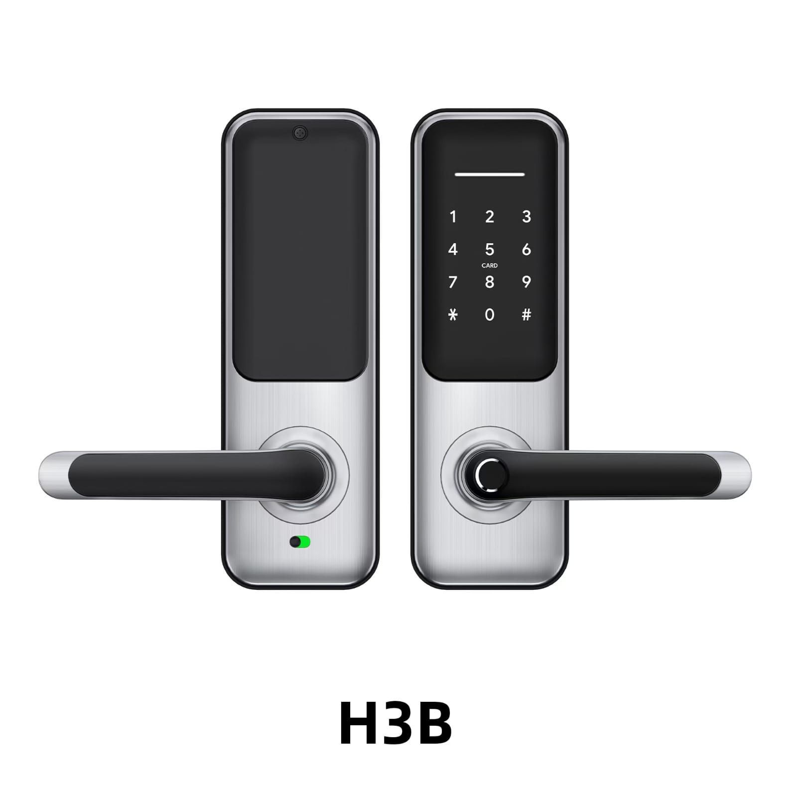 Cerradura de puerta inteligente plateada con teclado, palanca y cámara.