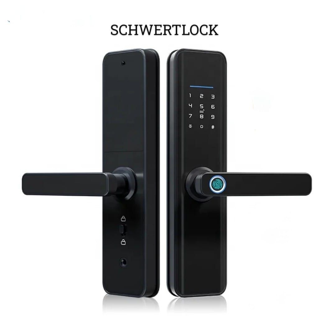 Cerradura de puerta inteligente negra con teclado, escáner de huellas dactilares y manijas.