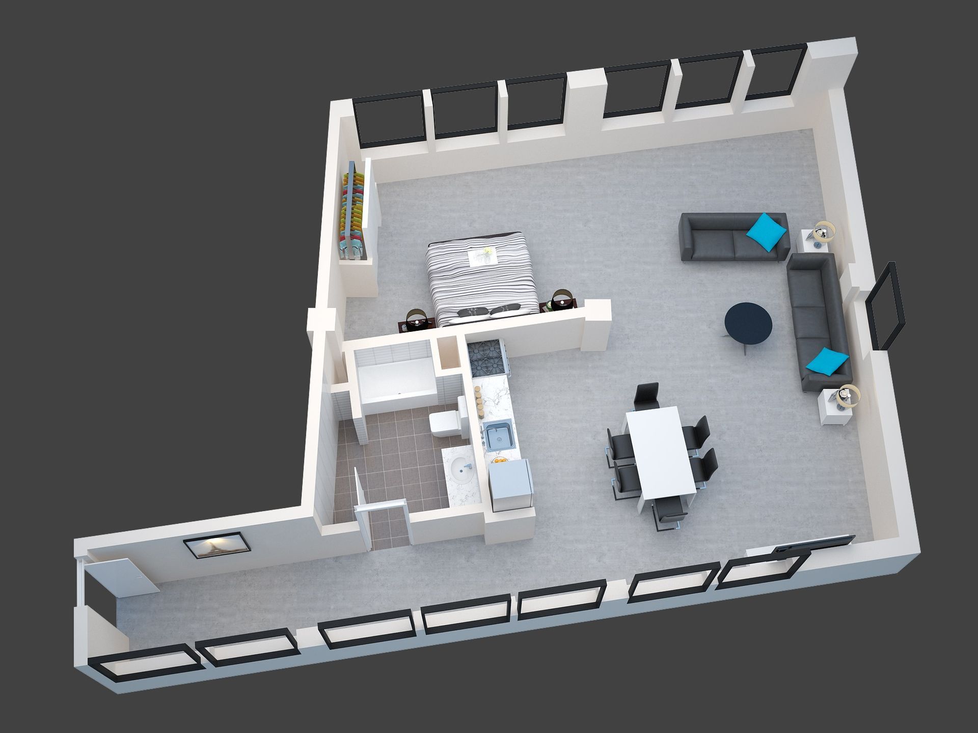 3D floor plan of a small modern apartment with bedroom, bathroom, and open kitchen-dining area