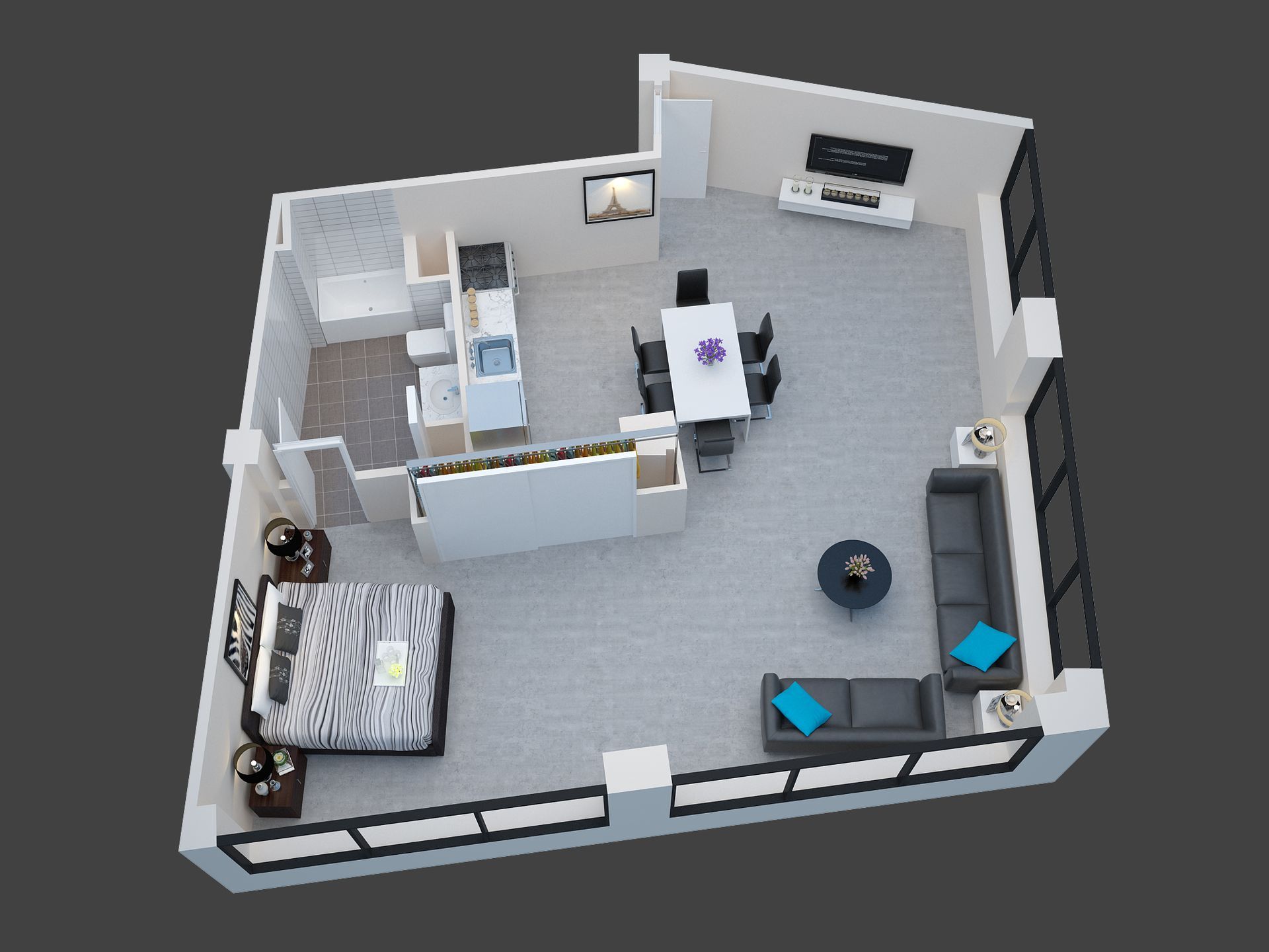 3D floor plan of a modern studio apartment with bed, kitchen, dining table, sofa, and TV area