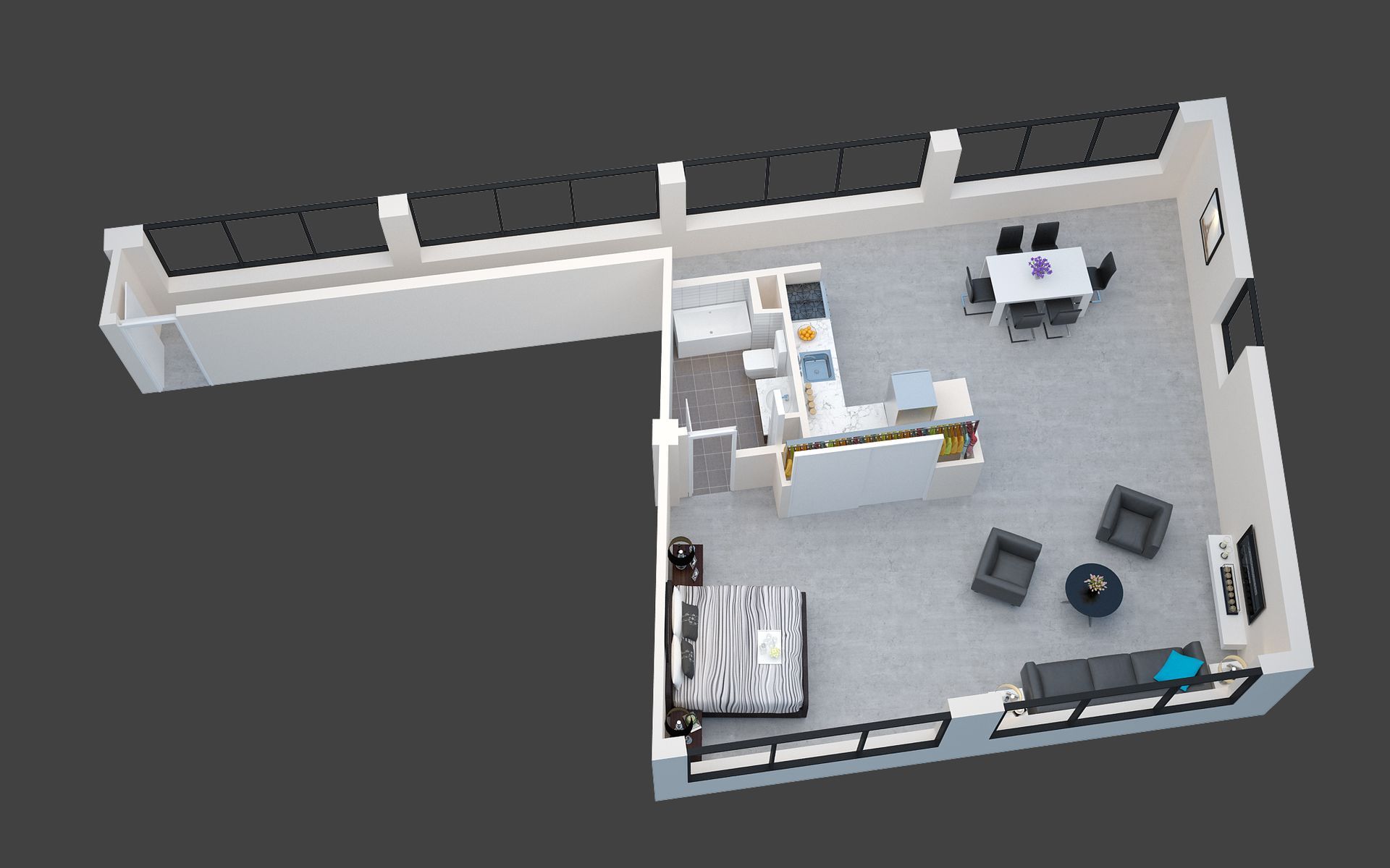 3D floor plan of a small apartment with living room, bedroom, kitchen, and bathroom area