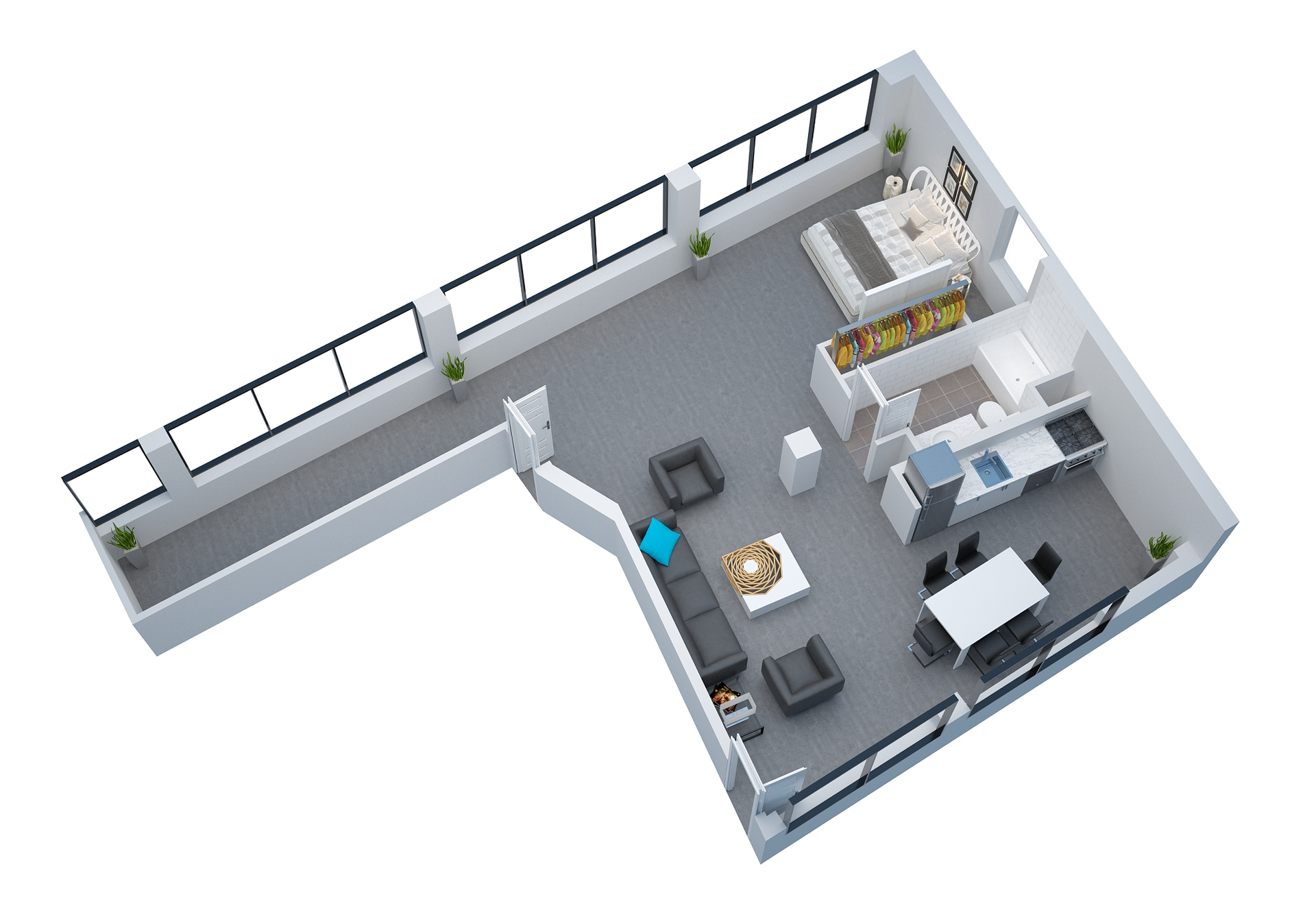 3D floor plan of a modern apartment interior with an open living area and kitchen, seen from above