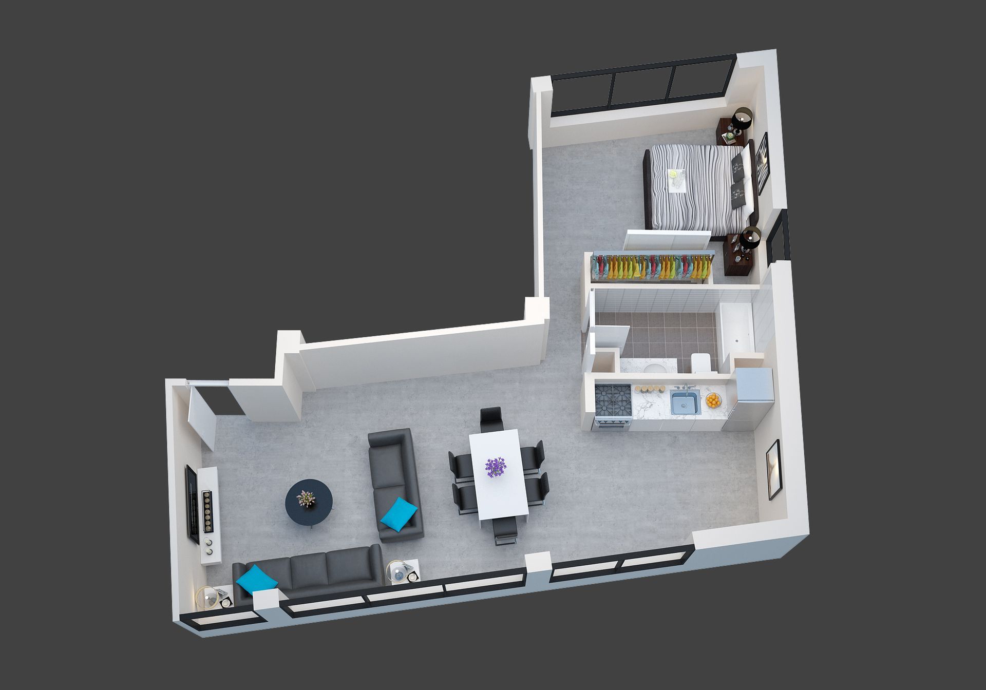 3D floor plan of a small apartment with a living area, dining table, kitchen, and bathroom.