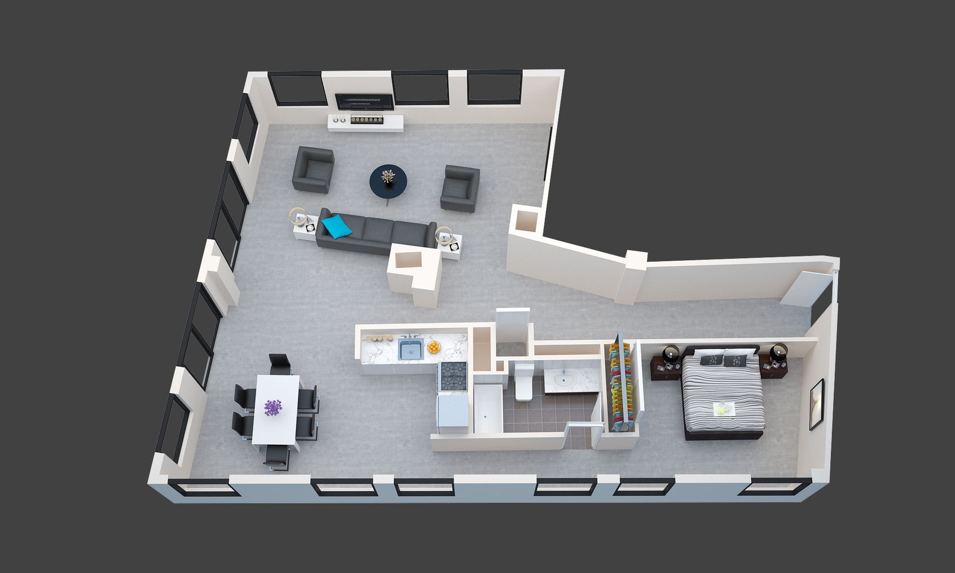 3D floor plan of a modern apartment with furniture, kitchen, living area, and bedroom in gray and white tones