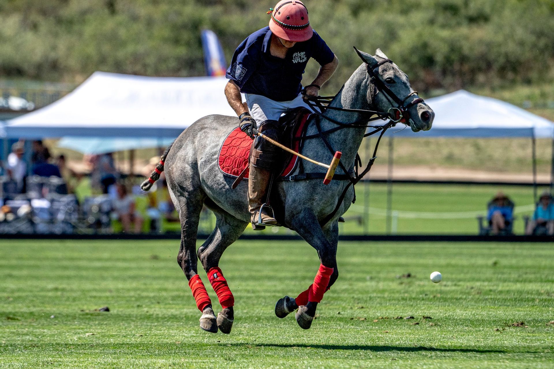 A man is riding a horse on a polo field.