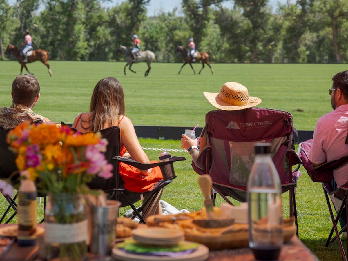 A group of people are sitting at a table watching a polo match.