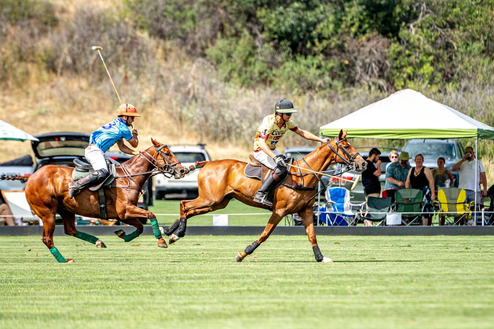 A group of people are riding horses on a polo field.