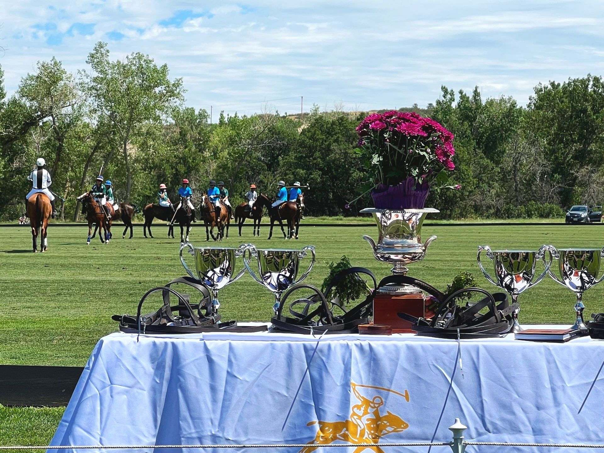 A table with trophies on it and a group of people riding horses in the background