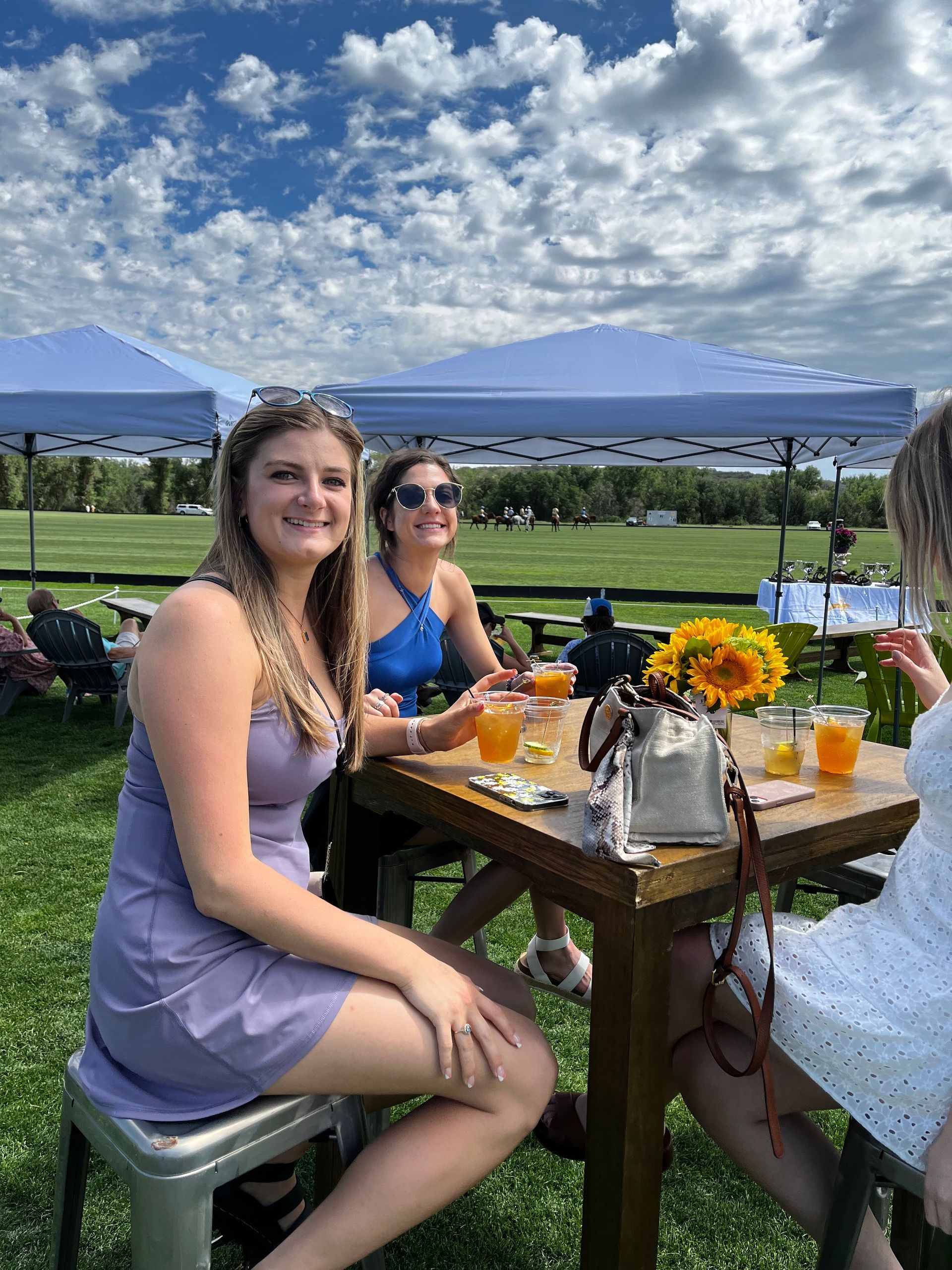 A group of women are sitting at a table in a field.