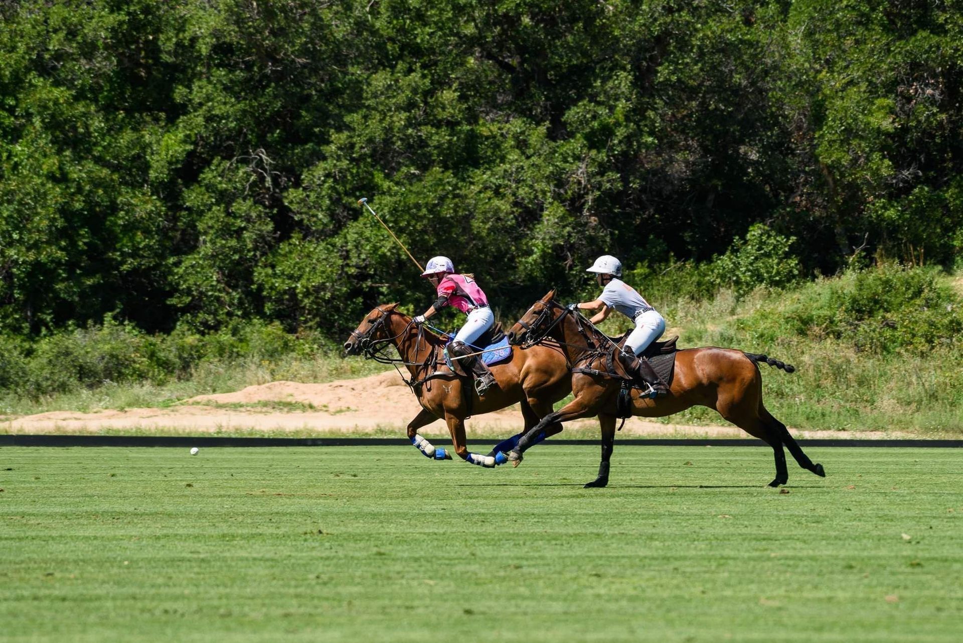 Two people are riding horses on a polo field.