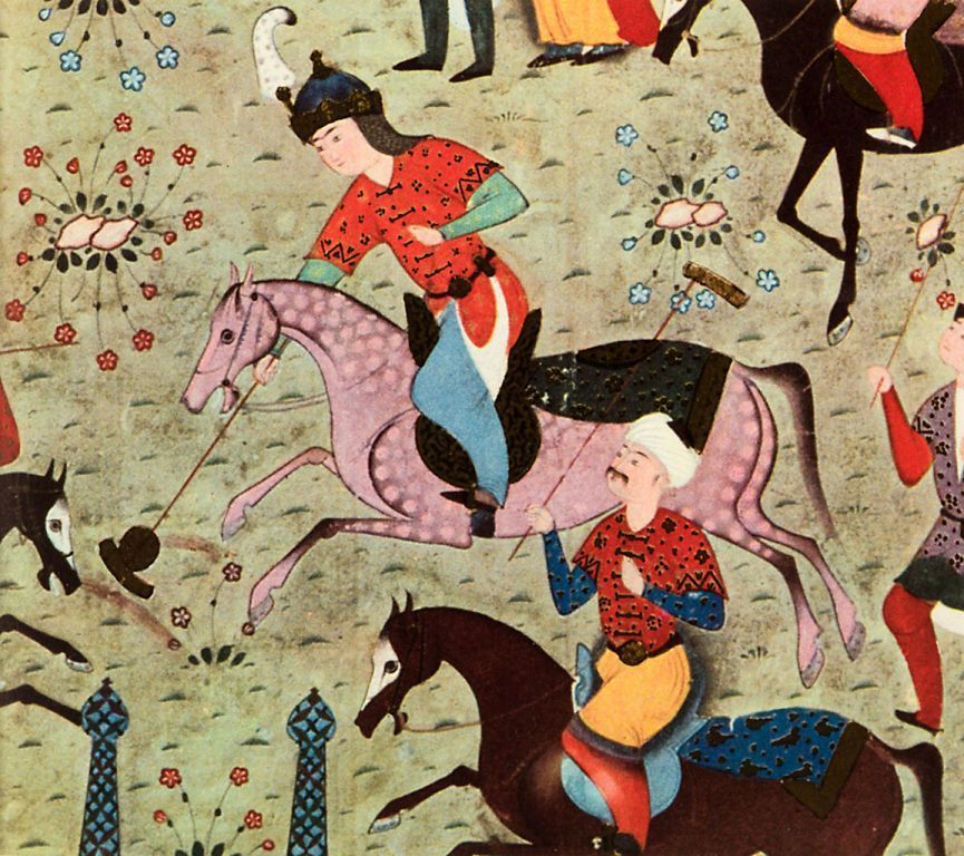 A painting of a group of people riding horses