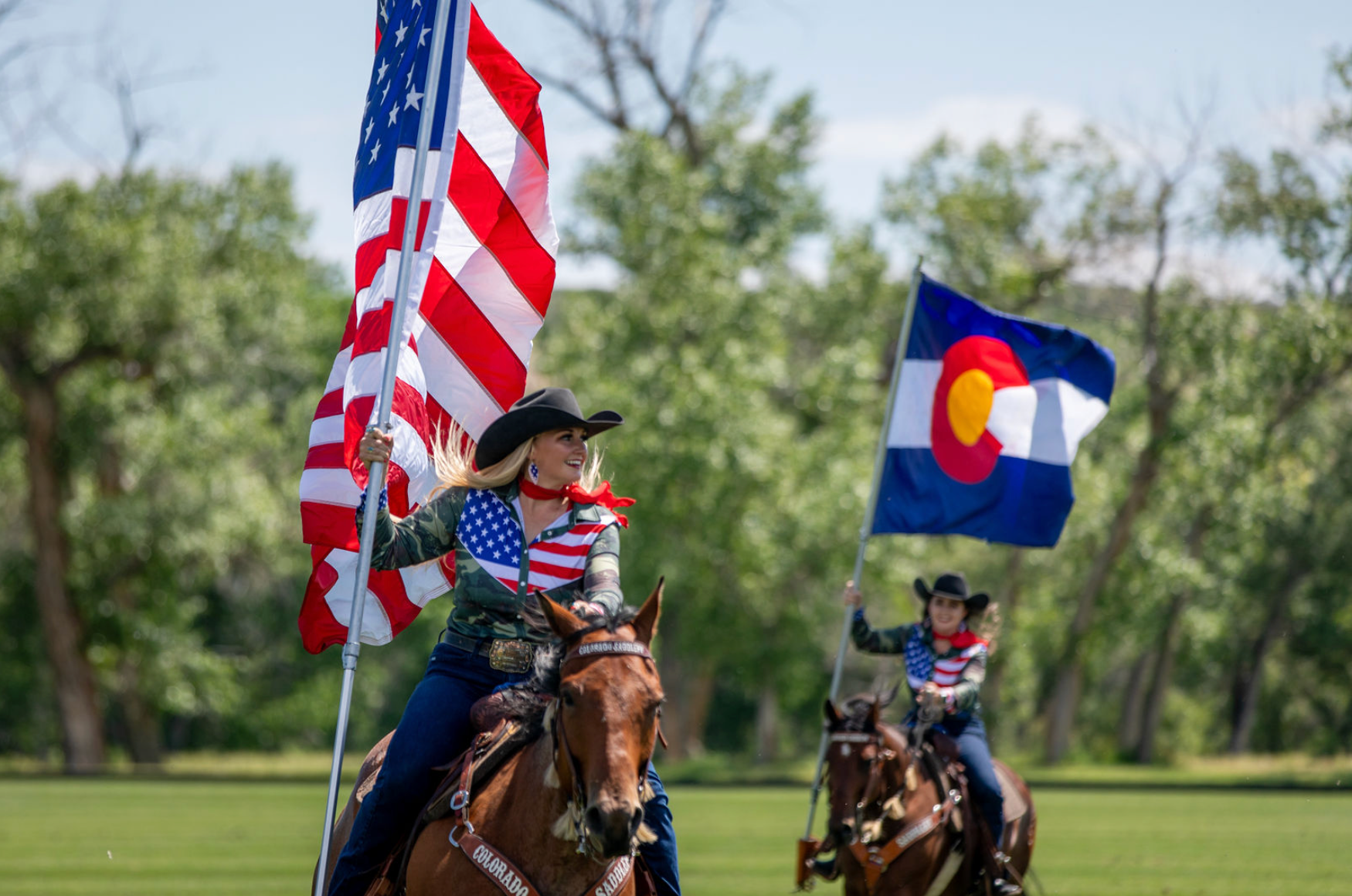 Two people are riding horses and holding flags in a field.