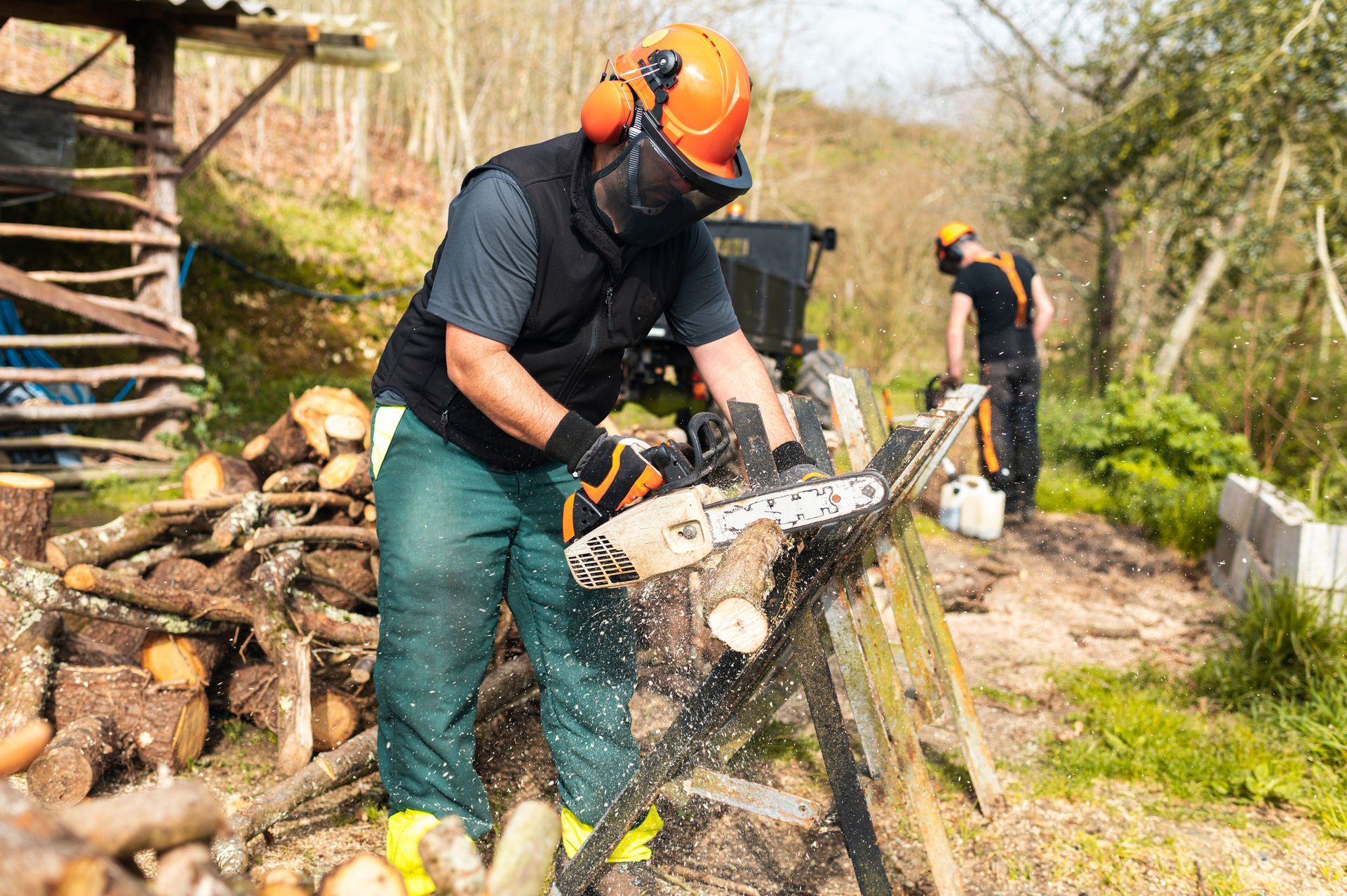 Two workers in safety gear cutting logs with a chainsaw outdoors near a woodpile