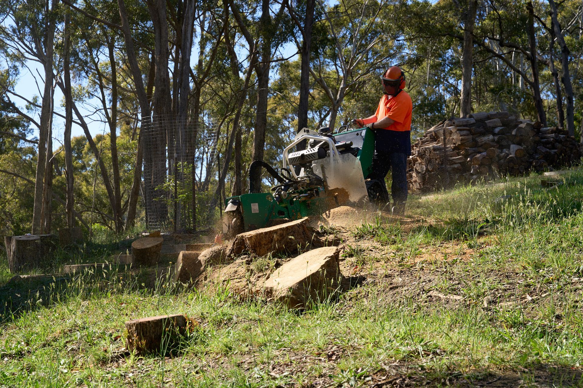 Person in orange shirt standing beside a wood chipper in a wooded area, with logs and branches nearby