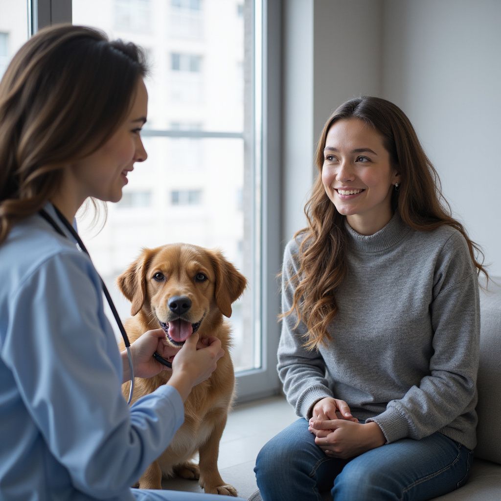 Veterinarian examines a golden retriever dog while the dog's owner looks on smiling in a room with a window.