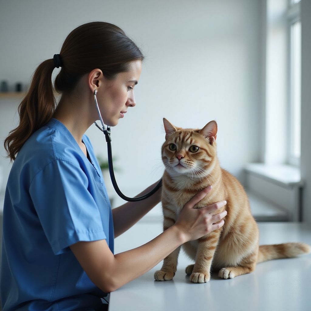 Veterinarian in blue scrubs uses stethoscope on an orange tabby cat in an exam room.