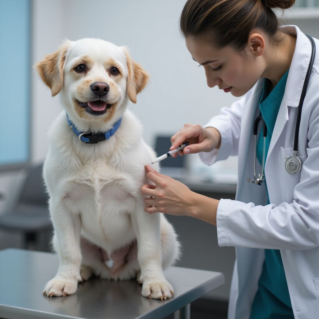 Veterinarian giving a yellow Labrador puppy an injection in a medical office.
