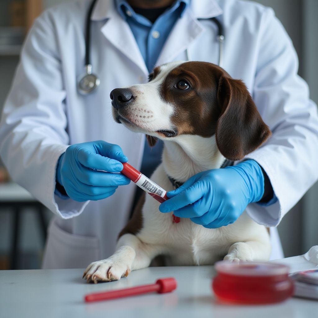 Veterinarian in blue gloves holding a blood sample tube near a dog, both indoors.