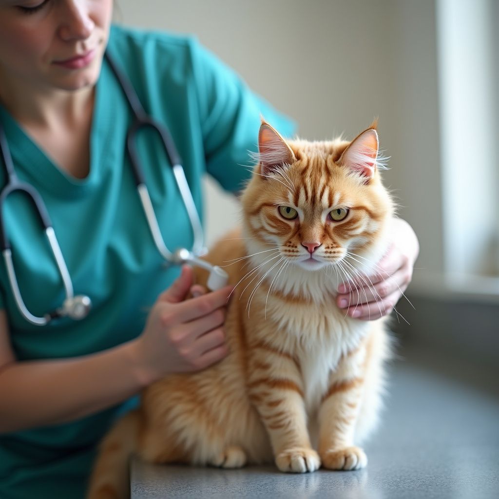 Veterinarian giving a ginger cat an injection at a clinic; cat looks concerned, vet wears scrubs and stethoscope.
