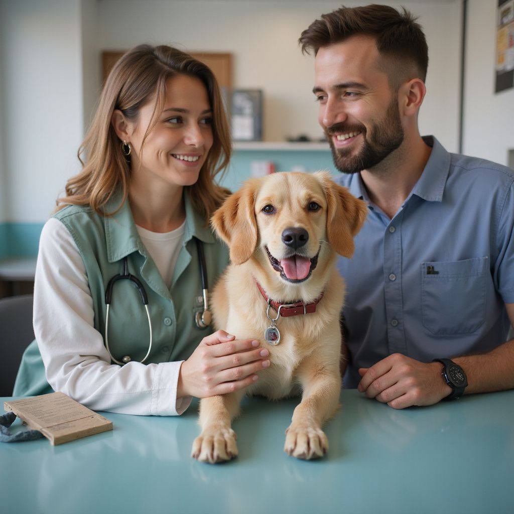 Veterinarian with stethoscope and dog, smiling with owner at a clinic.