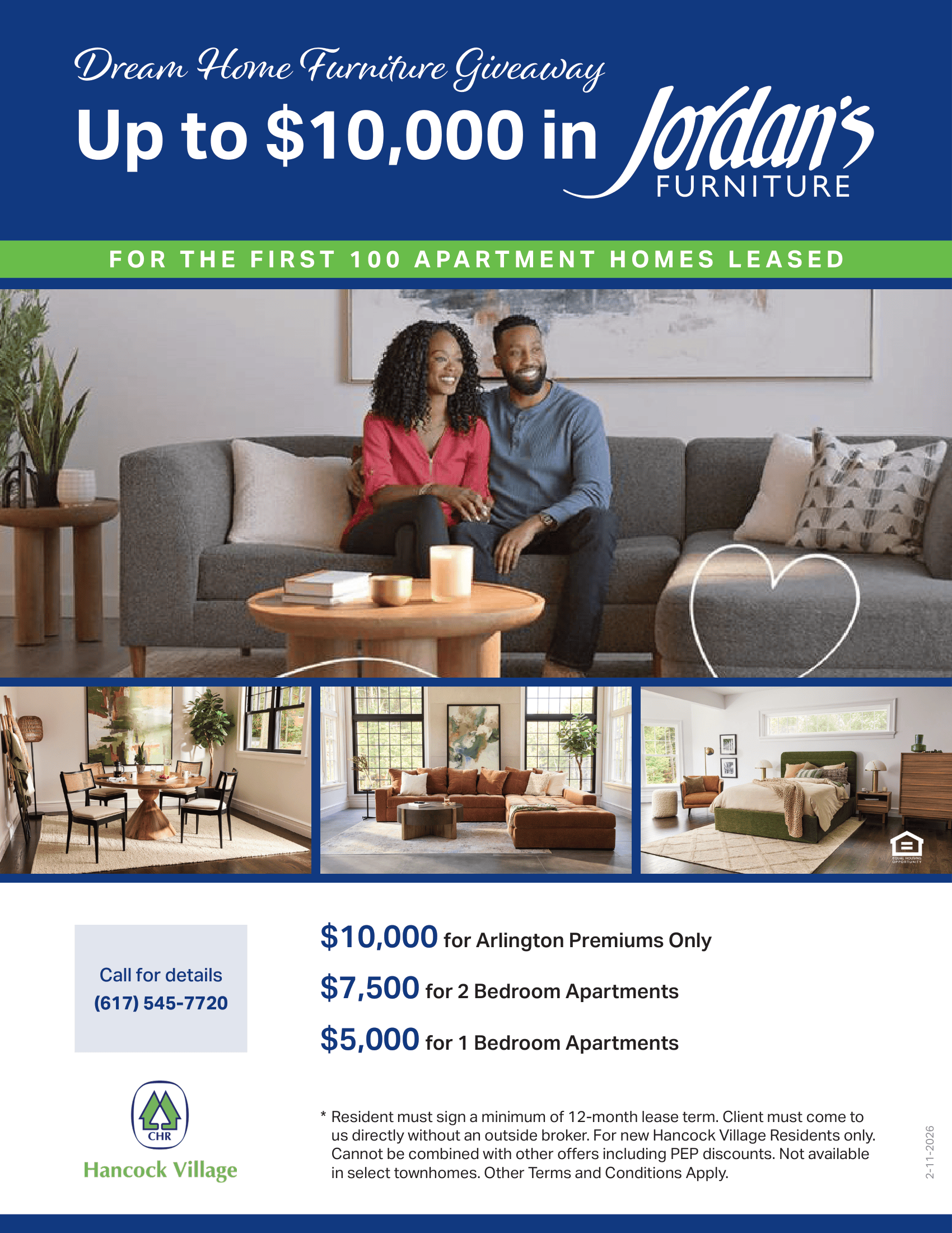 Advertisement: Couple on a couch, Jordan's Furniture promotion, with amounts from $5,000 to $10,000 for apartment leases.