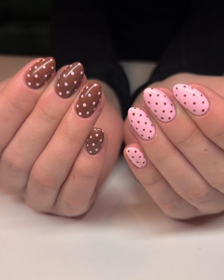 pink and brown polka dot nails