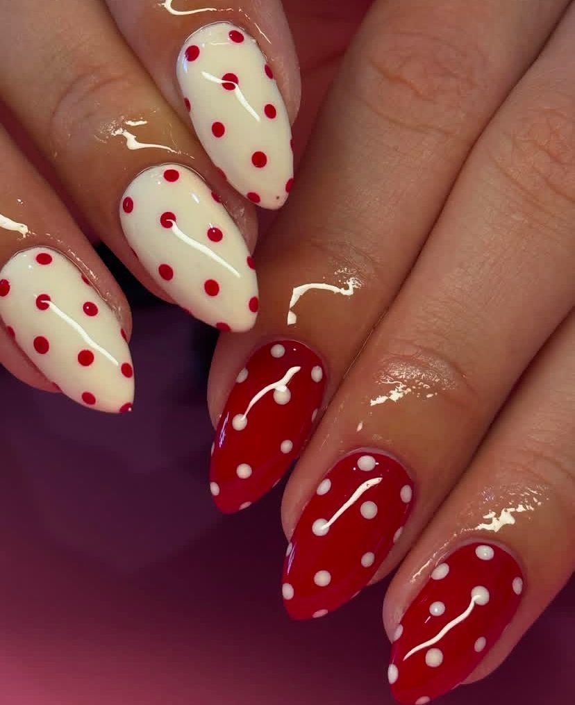 red and yellow polka dot nails