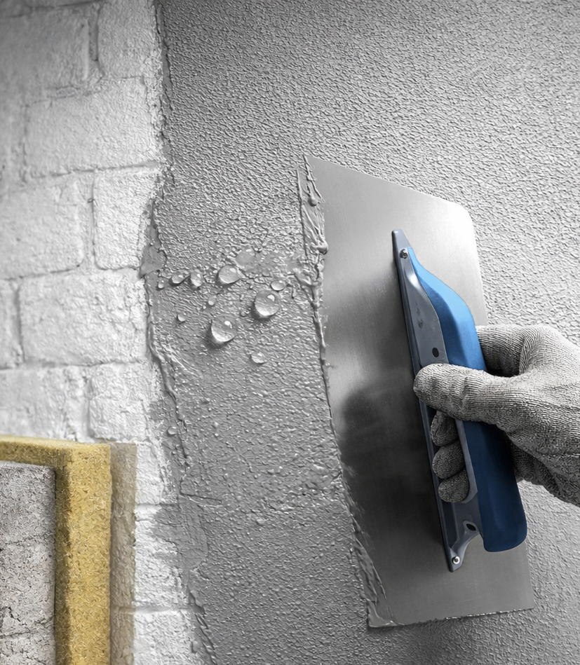 Mano guantata che usa una cazzuola per applicare lo stucco a un muro di mattoni.