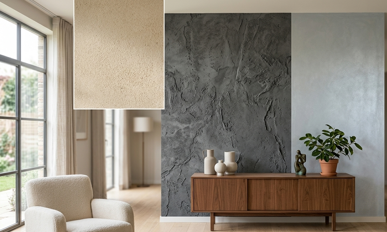 Interno con parete decorativa con finiture testurizzate in beige, grigio scuro e argento.