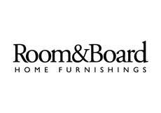 The logo for room & board home furnishings is black and white.