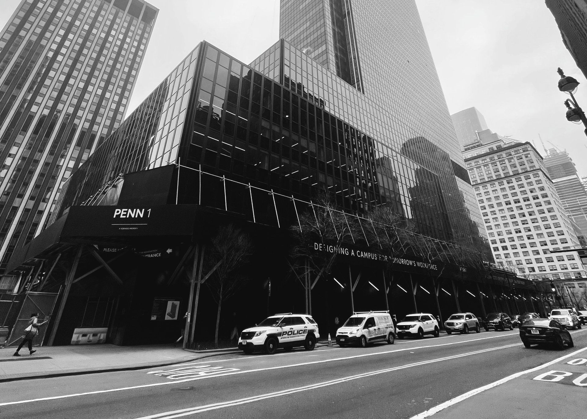 black and white photo of Penn 1, a building on West 34th Street.