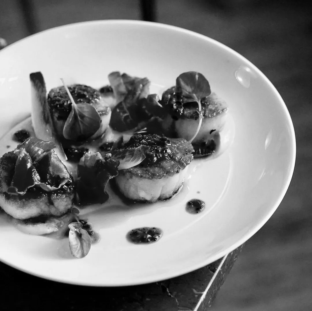 black and white photo of a plate of scallops, with plant garnish.