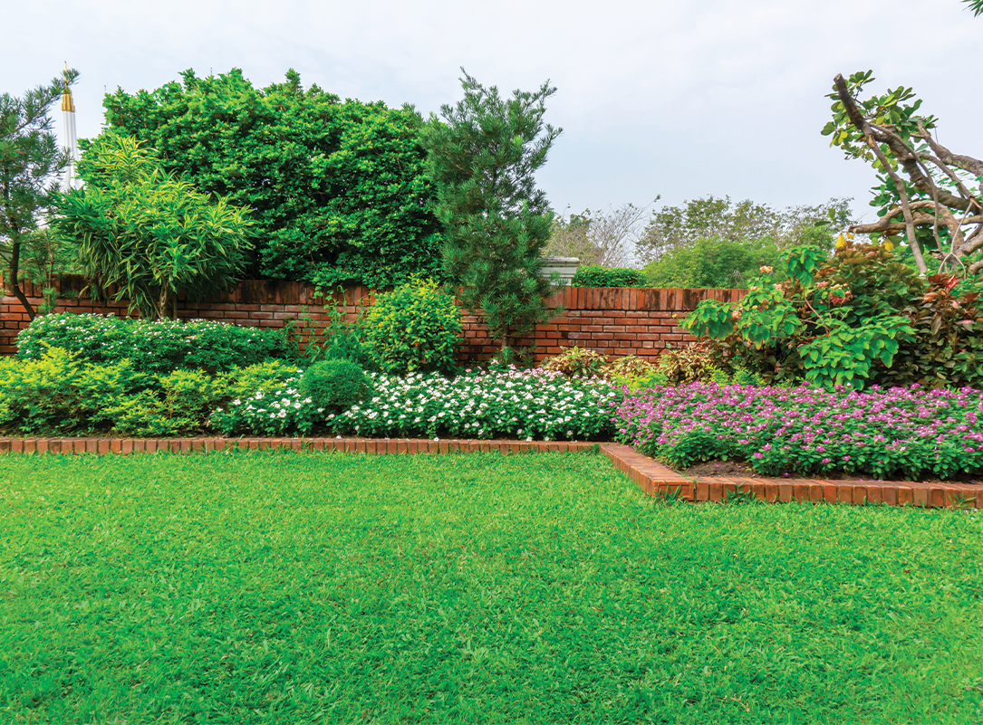 Lush green garden with manicured lawn, brick borders, and various colorful flowering plants against a brick wall.