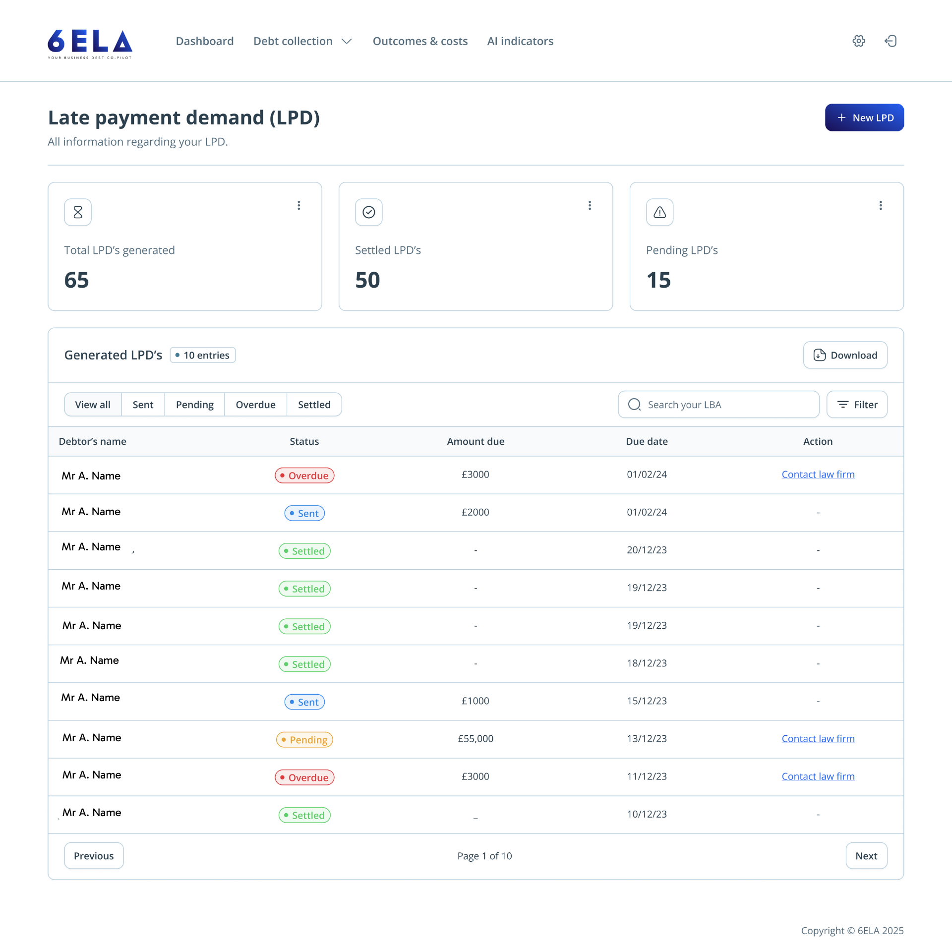 Dashboard displaying late payment demand (LPD) data, including totals and a table with item details.