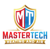 MasterTech Heating and Air logo with red, blue, and gold shield emblem