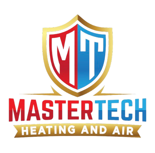 MasterTech Heating and Air logo with red, blue, and gold shield emblem