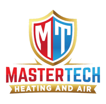 MasterTech Heating and Air logo with red, blue, and gold shield emblem
