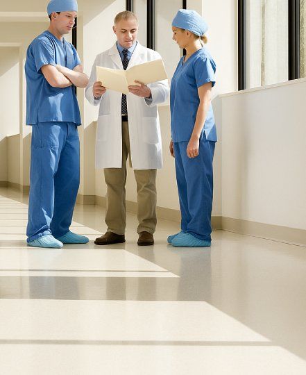 Chemical-resistant epoxy floor in clean hospital corridor