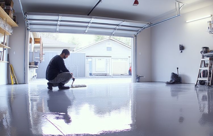 freshly finished epoxy garage floor with high-gloss gray metallic finish