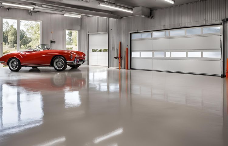 Shiny epoxy flooring installed in a residential garage, featuring a smooth, high-gloss finish